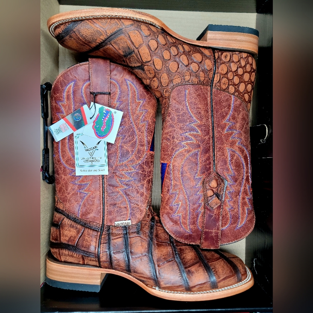 Vaccari NCAA Florida Gator Rustic Cognac Leather Boots Sz 10 Men NIB